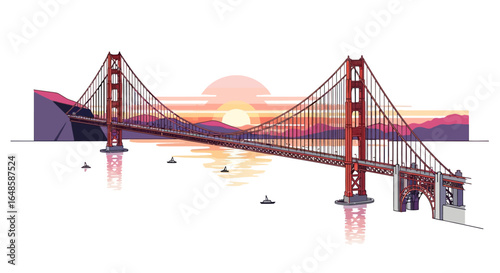 Stylized vector illustration of the iconic red Golden Gate Bridge with its massive towers and suspension cables.
