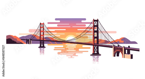 Stylized vector illustration of the Golden Gate Bridge at sunset with a vibrant sky and water reflection.