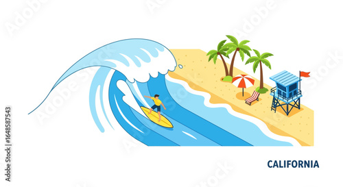 Surfer Riding a Wave on a Yellow Surfboard Illustration