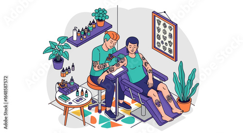 Tattoo artist with orange hair inking a client's arm in a modern, colorful studio illustration.