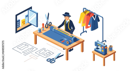 Tailor Measuring Fabric on Table with Sewing Machine and Garments