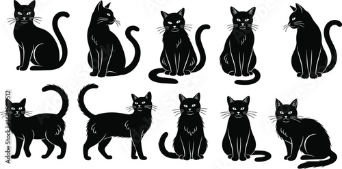 Black cat illustrations, various poses, expressive feline art, tail movement, cartoon style, unique expressions, digital drawing, animal character, pet design