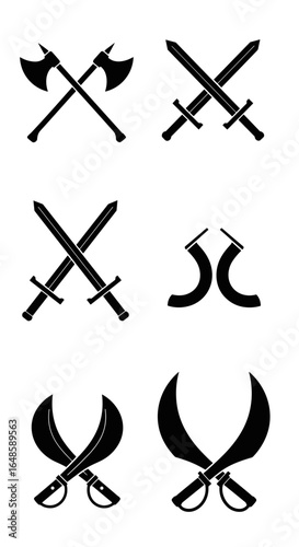 Collection of crossed weapons icons representing combat and battle history through various armaments