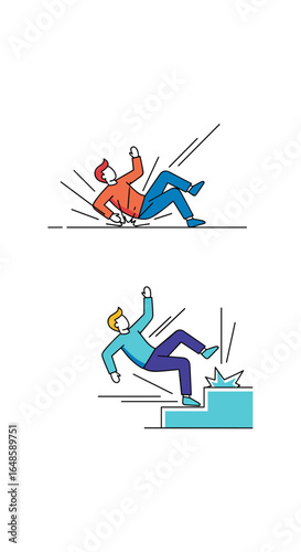 Illustrations depicting individuals experiencing sudden falls and injuries due to slippery surfaces and misplaced obstacles on stairs