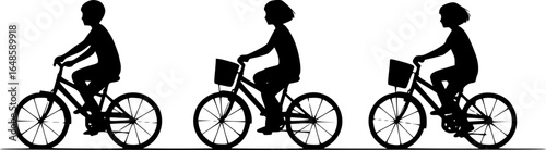 three children riding bicycles, silhouettes, black and white, side view, simple background