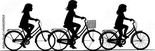 three children riding bicycles, silhouettes, black and white, side view, simple background