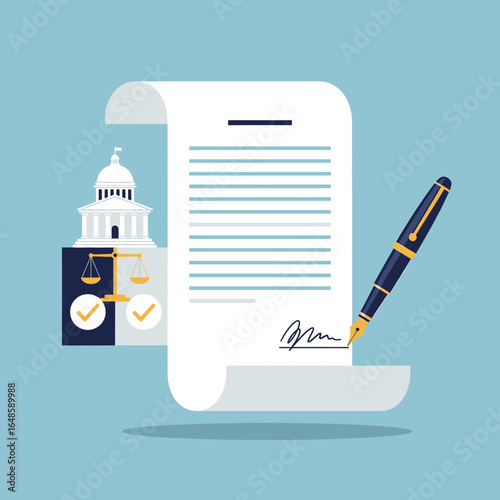 Legal document with capitol building scales of justice and fountain pen law and government concept high quality professional