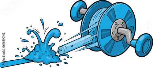 Leaking Blue Hose Reel with Dynamic Water Splashes