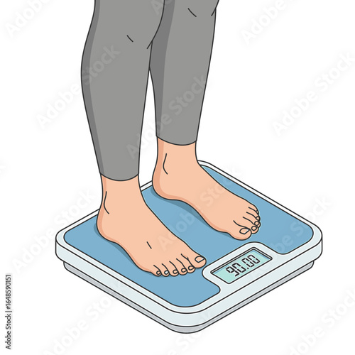 Person standing on scale Simple line drawing Weight management concept high quality professional