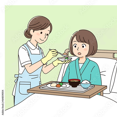 Nurse feeding patient in hospital bed caring gesture recovery theme high quality professional