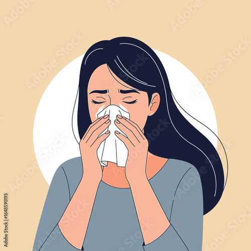 Sick woman blowing nose with tissue feeling unwell with cold or flu health concept high quality professional