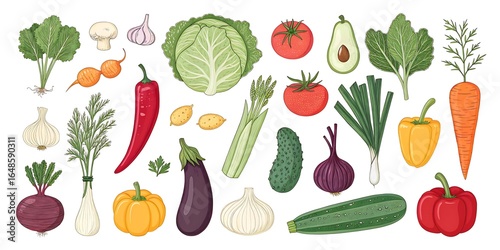Collection of vegetables and fruits including carrots, peppers, onions