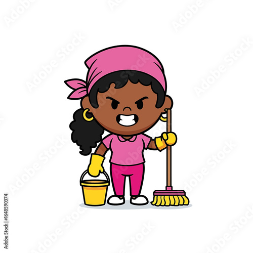 Cartoon cleaning lady angry expression holding broom and bucket housework chores high quality professional