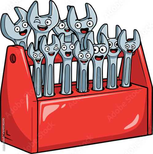 Happy Cartoon Wrench Set in a Red Tool Box