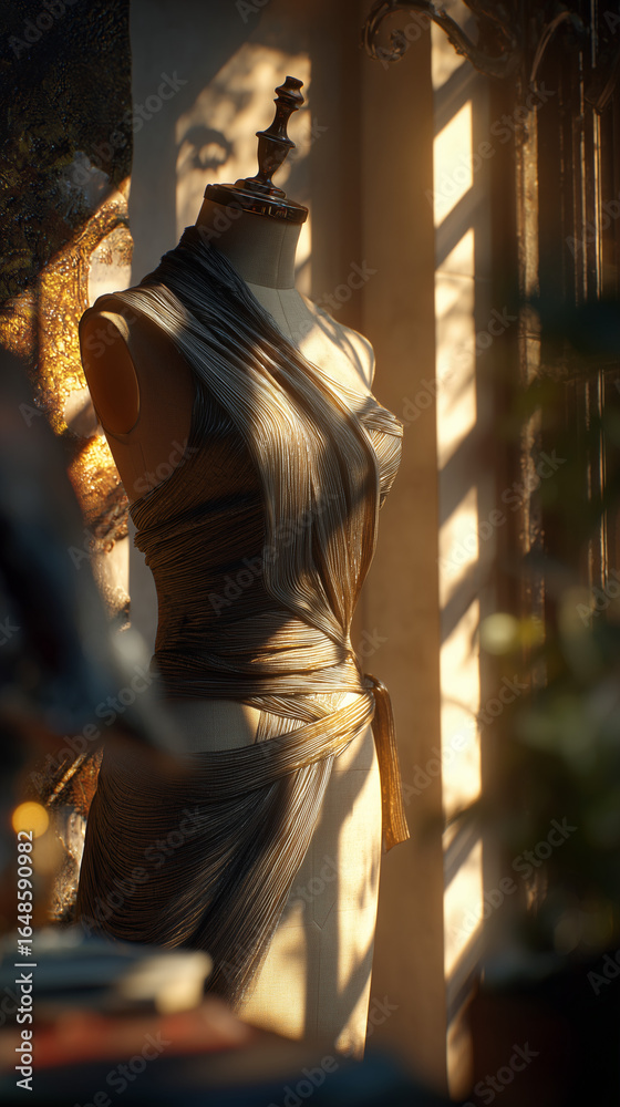 Fototapeta premium Vintage fashion atelier interior with draped mannequins in warm sunlight