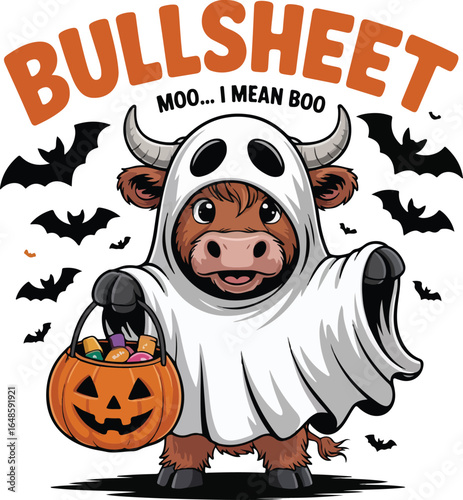 BULLSHEET – Funny Highland Cow Halloween Ghost with Pumpkin Candy Bucket Vector Illustration