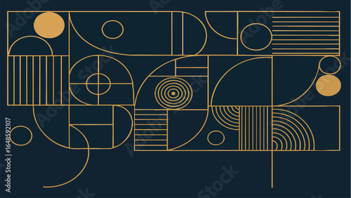 Luxury Art Deco Geometric Gold Line Pattern on Navy Blue Background
