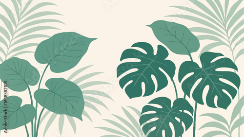 Elegant minimalist vector illustration of tropical leaves featuring monstera, palm fronds, and large leafy plants in muted green tones on a light beige background