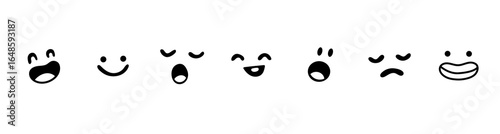 Set of funny cartoon face expressions of emotions, funny and sad, surprised and scared, smiling and laughing. Vector illustration, simple doodle style, line art