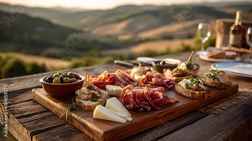 Fototapeta Naklejka Na Ścianę i Meble -  Tuscany charcuterie board with wine and olives on wood table with landscape view for food blog content