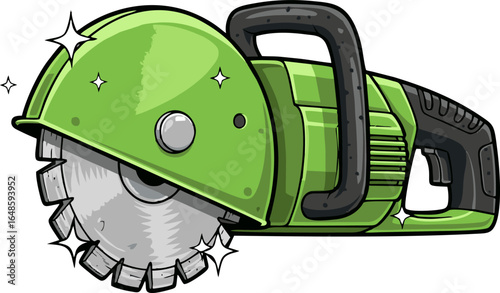 Shiny Green Circular Saw with Sparkling Effects and Detailed Design