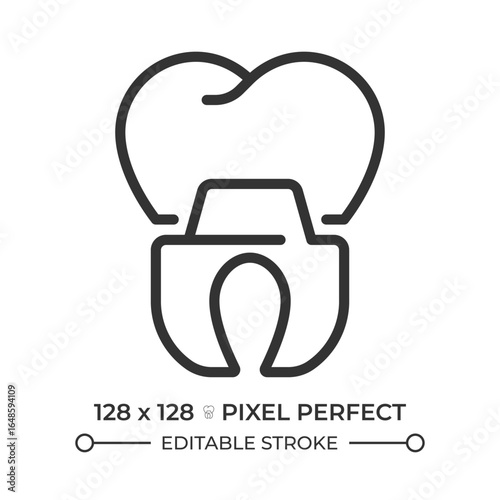 Tooth crown pixel perfect line icon. Cosmetic dentistry, dental implant. Oral healthcare, medical service. Isolated vector illustration. Outline symbol. Simple linear drawing. Editable stroke