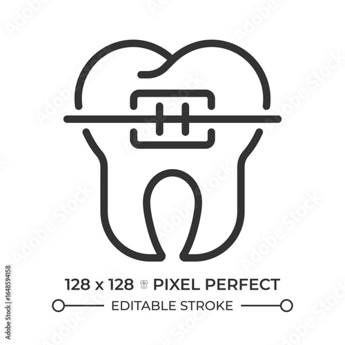 Orthodontic braces pixel perfect line icon. Dental treatment, teeth alignment. Oral care, smile correction. Isolated vector illustration. Outline symbol. Simple linear drawing. Editable stroke