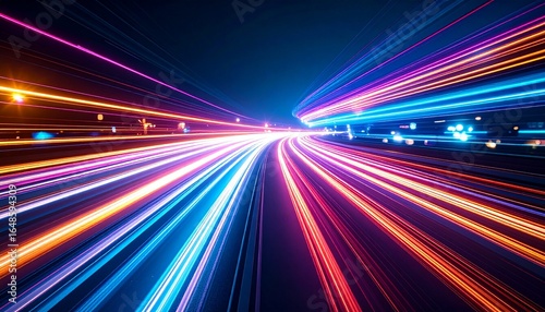 Abstract light trails streak across a dark background, creating a sense of speed and movement perfect for illustrating technology or futuristic concepts now.