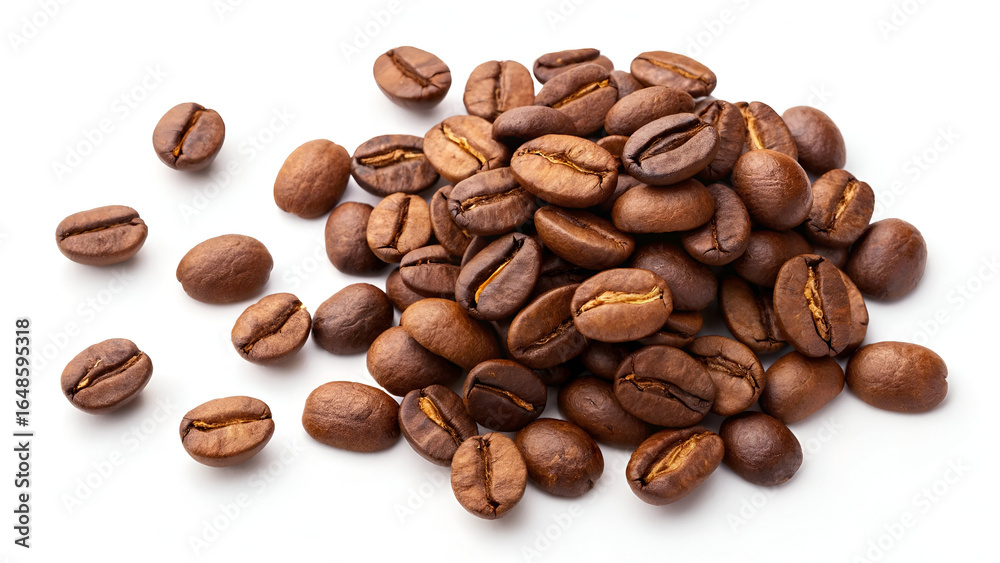 Fototapeta premium Pile coffee beans isolated on white background and texture, top view