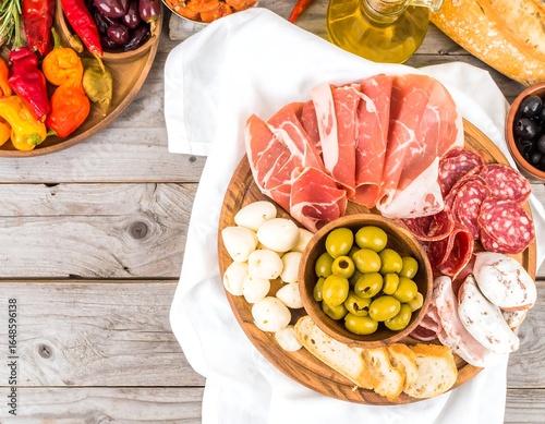 Wooden board with cured meats, cheeses, olives, and peppers