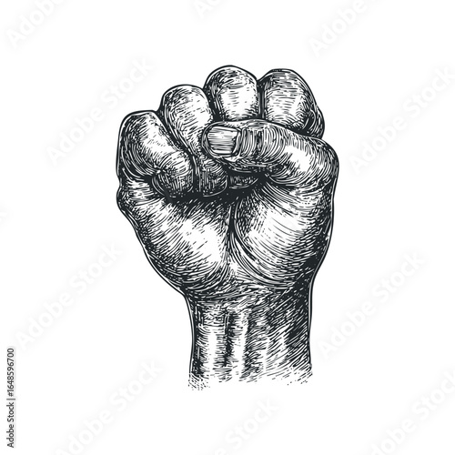Engraved Fist Raised Upward on White Background