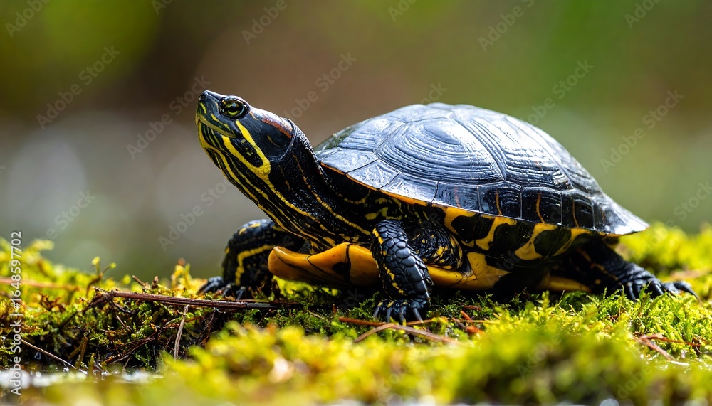 Obraz premium Young turtle on mossy ground, head up, vibrant shell pattern