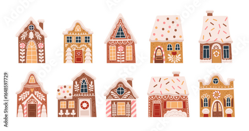 Gingerbread houses. Cute biscuits, homemade festive pastries, new year traditional festive kids food, christmas cookies, decorative sweet glaze painting, bread dessert tidy vector isolated set