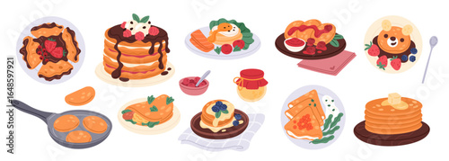 Cartoon pancakes. Tasty homemade pastry, sweet and salty toppings, hot breakfasts, stacks on plates, maple and chocolate syrup, honey, butter, morning meal, garish vector isolated set