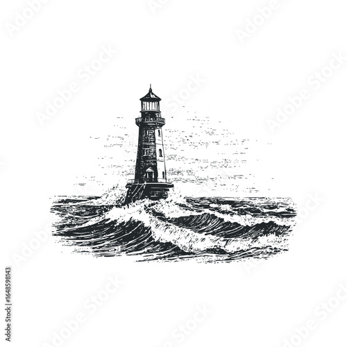 Tall lighthouse enduring stormy ocean waves with white background