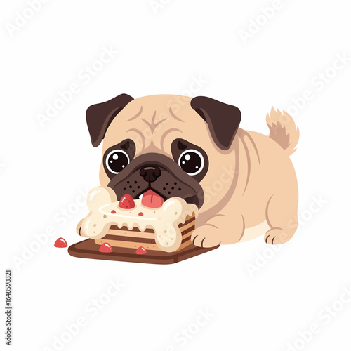 Adorable cartoon pug dog happily eating a delicious bone-shaped cake with strawberries