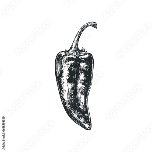 Black and white sketch of a single jalapeño pepper with a curved stem