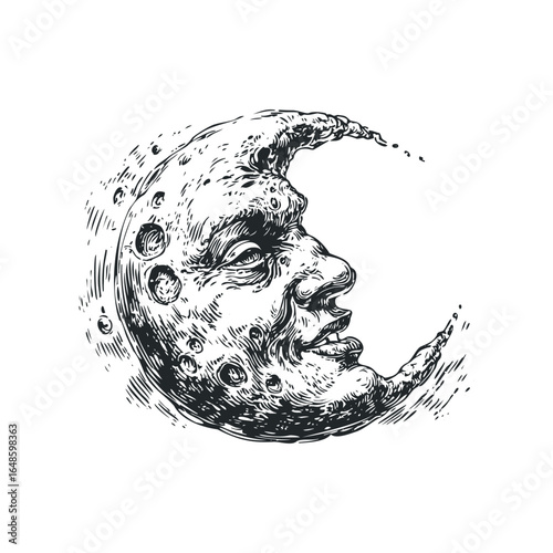 Anthropomorphic Crescent Moon with Face and Craters in Engraved Style