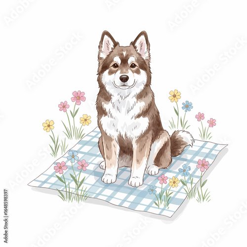 A charming watercolor illustration features a smiling brown and white dog on a picnic blanket surrounded by colorful spring flowers