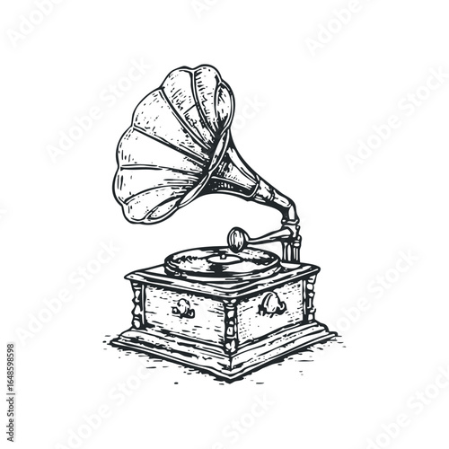 Vintage Gramophone on White Background with Detailed Engraving Style