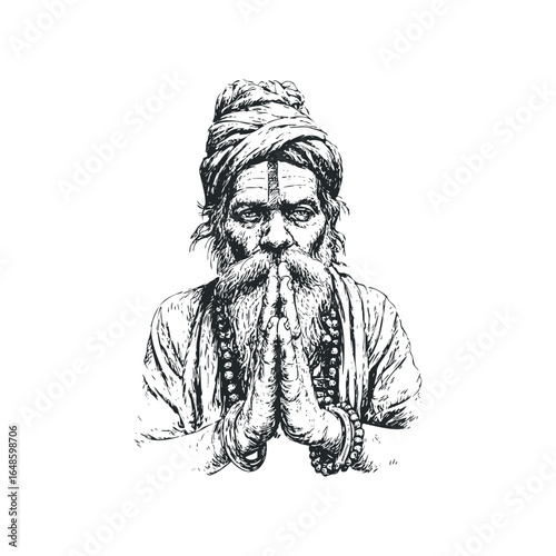 Indian man in traditional attire with prayer beads and forehead marking.