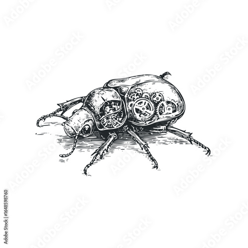 Detailed engraving of a mechanical beetle with visible gears and clockwork mechanisms