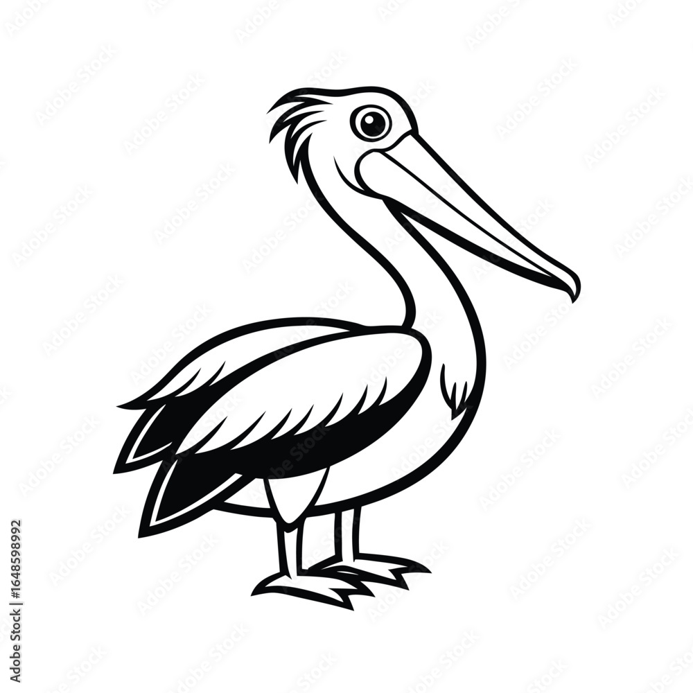 Obraz premium Minimalist line art of a pelican with its beak open standing on a white background
