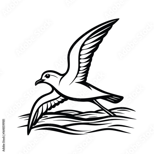 Elegant line art illustration of a petrel bird gracefully gliding over calm water on a clean white background