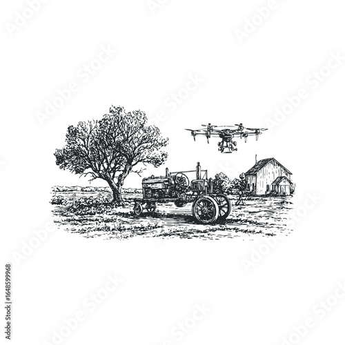 Sketch of Vintage Tractor and Modern Drone Flying Above Rural Farmland