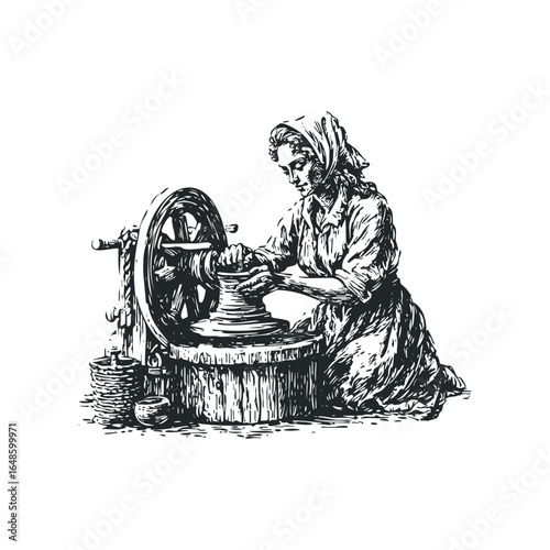 Woman with Headscarf Works Clay on a Potter's Wheel