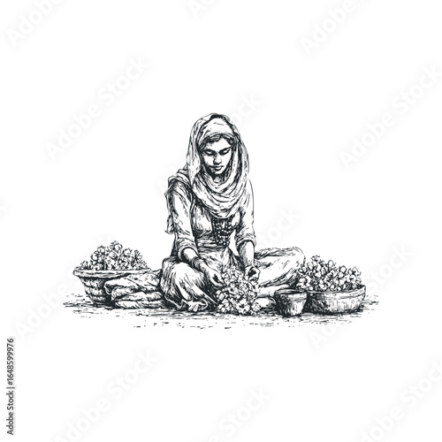 Woman in traditional headscarf and clothing sorting flowers from baskets
