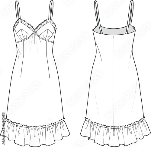 Elegant nightgown design, fashion CAD sketch, flat vector illustration, sleepwear technical drawing, lingerie apparel template, front and back view