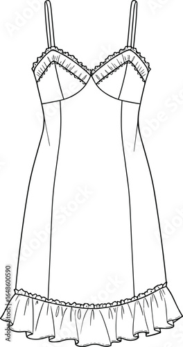 Elegant nightgown design, lingerie fashion sketch, sleepwear vector illustration, detailed garment drawing, stylish nightdress concept, CAD fashion art, technical apparel sketch