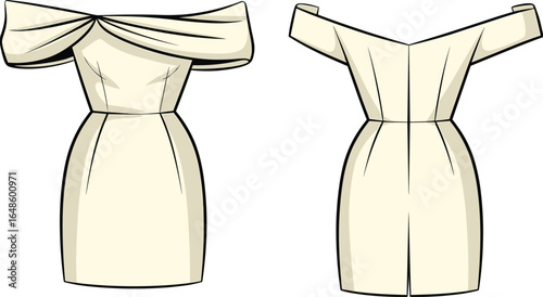 Elegant Women's Off-Shoulder Mini Dress Technical Fashion Drawing, Front and Back Views, Sophisticated Apparel CAD Template